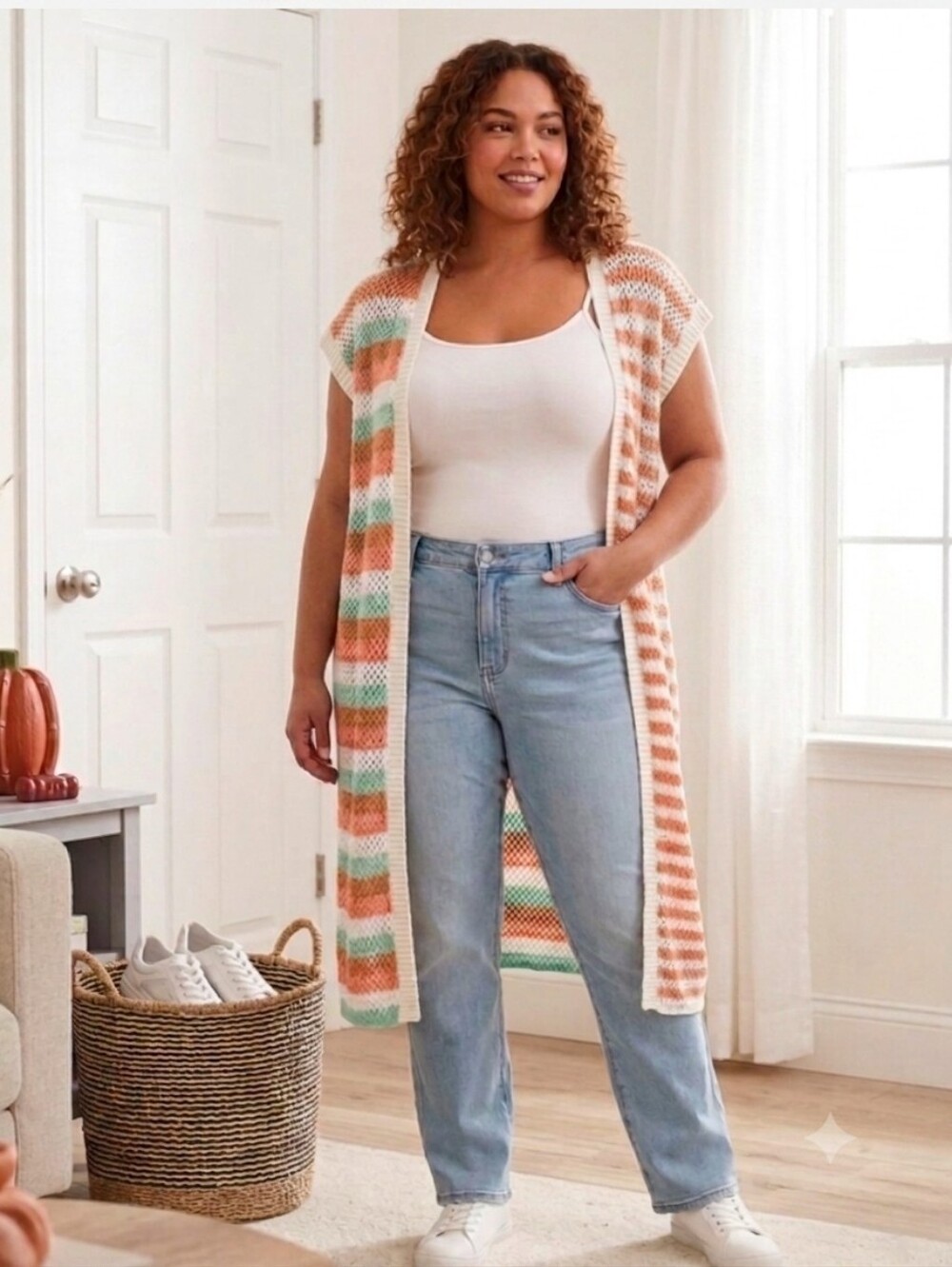 torrid Cream, Peach & Mint Striped Open-Front Maxi Cardigan Torrid Sz 1-2